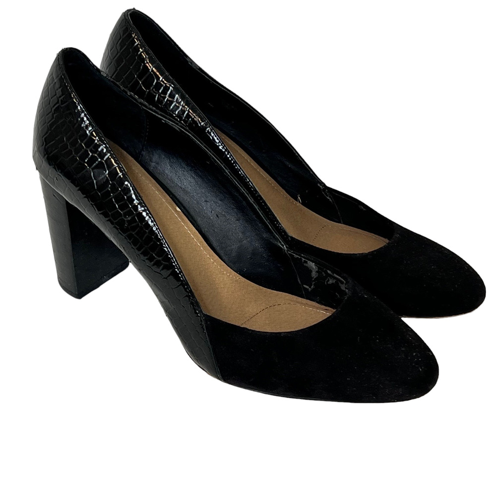 Tahari Elvira Suede Faux Reptile Patent Leather Block Heel Pump Size 10 M Black